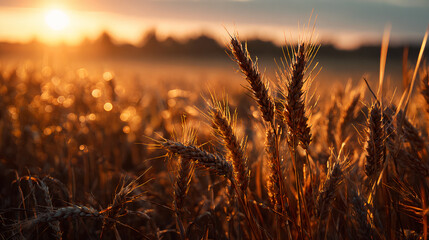 Fototapeta premium golden wheat field glowing at sunset with warm light
