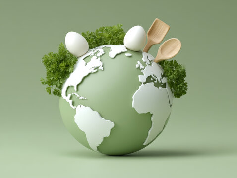 Green earth globe with fresh parsley eggs and wooden kitchen utensils symbolizing world nutrition day celebration and healthy food concept