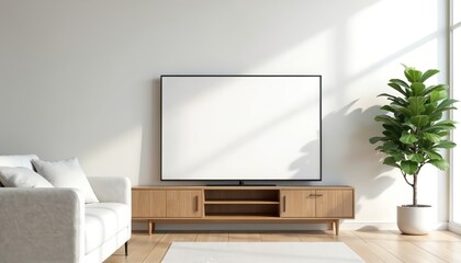 Modern minimalist living room features wooden entertainment unit, large TV screen mockup, comfortable white sofa. Interior design with potted plant adds fresh elegance. Empty frame invites content.