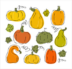 A sketchy retro style illustrates a seamless pattern featuring pumpkins and gourds amidst autumn leaves. The warm color palette of oranges, yellows, and greens evokes a cozy, festive mood.