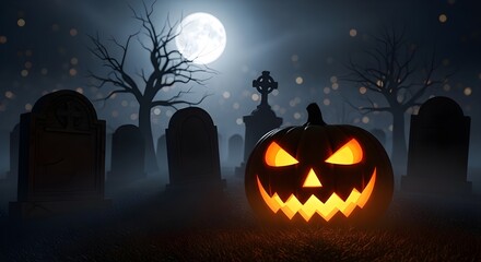 Fototapeta premium Glowing Jack-o'-lantern in Spooky Graveyard at Night; Halloween Theme; 3D Render; Dark and Eerie Mood.