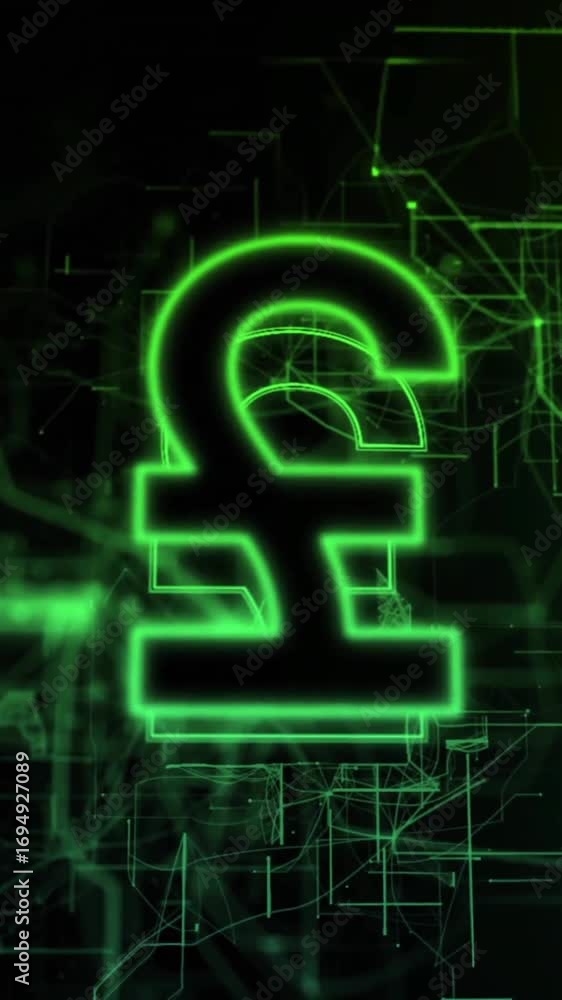 Aufkleber animation of british pound sign and data processing over black background