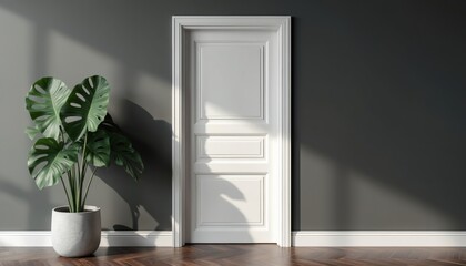 Modern interior features closed white panel door with elegant trim. Potted fiddle leaf fig plant stands beside, casting shadows on grey wall. Dark wood herringbone floor adds warmth. Minimalist home