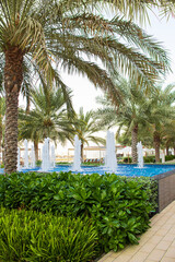 Scenic blue fountain with palm trees, lush plants, beach and clear ocean view, great for travel concept, summer holiday background, tropical resort design and exotic relaxation theme