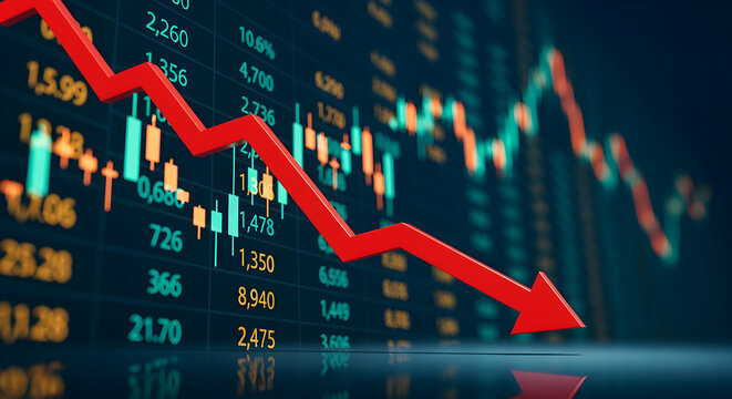 Dramatic Red Arrow Illustrating Market Downturn on Stock Exchange Board