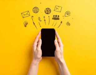 Hands holding a phone with marketing and social media icons spreading out.