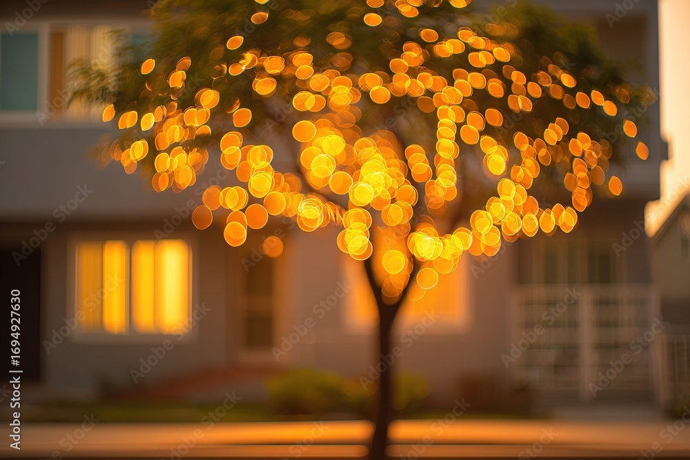 Poster soft golden lights illuminate a tree in front of a building at sunset creating a warm and inviting a