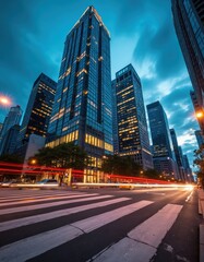 Fototapeta premium Dynamic urban scene with skyscrapers, light trails from moving cars at night. Modern city skyline features tall buildings with illuminated windows. Blue hour sky with clouds above busy metropolitan