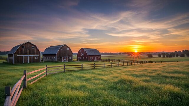 Wheat field and barns shine in golden light.