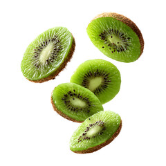 Fototapeta premium Sliced kiwi fruits captured midair, floating and flying isolated on transparent background
