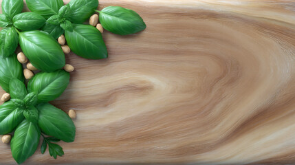 Fresh green basil leaves with nuts on wooden surface create natural scene celebrating world nutrition day with healthy food and vibrant colors