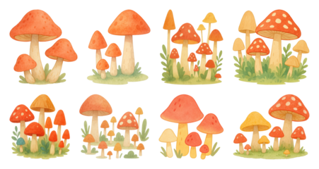 PNG Whimsical mushroom forest illustration, element set on transparent background