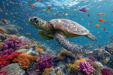 Fototapeta premium Vibrant sea turtle swimming amongst coral reefs