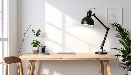 A bright workspace setup featuring a wooden desk with a black articulated lamp, laptop, potted plants, a wooden chair, and a framed botanical print.