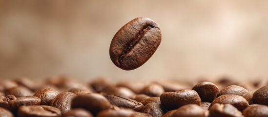 A single coffee bean levitates above a bed of coffee beans
