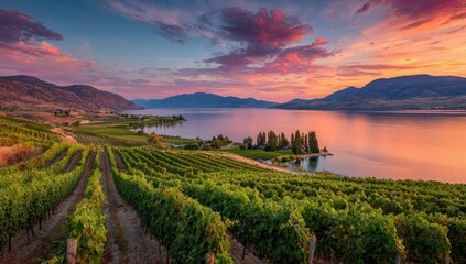 Naklejka premium Panoramic vineyard landscape at sunset over a lake