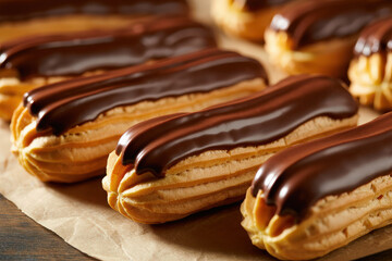 Close up of several chocolate eclairs arranged on parchment paper in a bakery setting