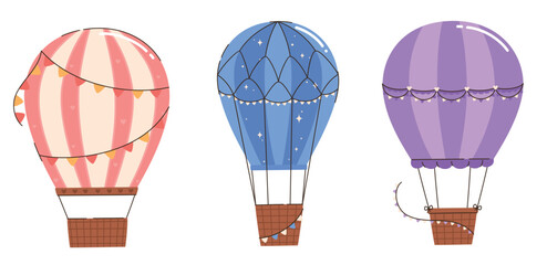 Set of flying hot air balloons on white background. Flat vector illustration.