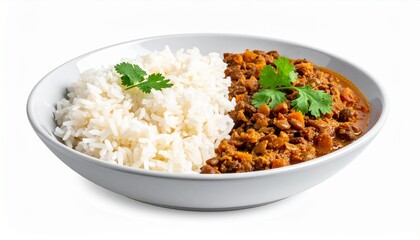 Delicious Lentil Curry with White Rice, Cilantro Garnish in Bowl