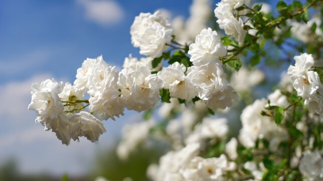 Close-up of white bush ross in full bloom against a oft blue sky, embodying sping garden beauty.