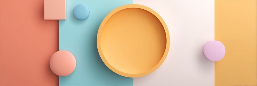 A vibrant flat lay composition featuring a yellow circular bowl surrounded by colorful geometric shapes on a pastel backdrop, perfect for creative design projects and modern decor.