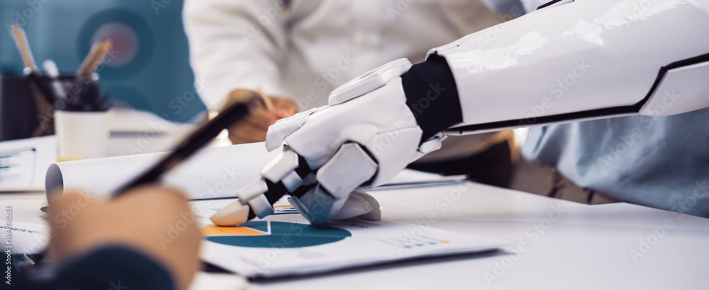 Poster a robotic arm interacts with charts during a business meeting, symbolizing the integration of techno