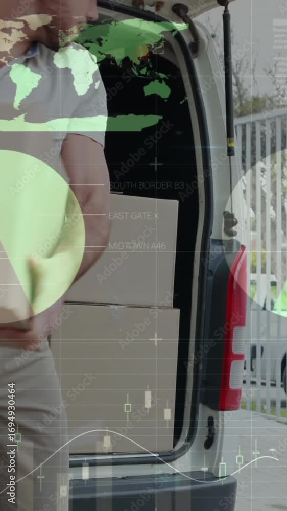 Poster animation of statistics and financial data processing over delivery man and van