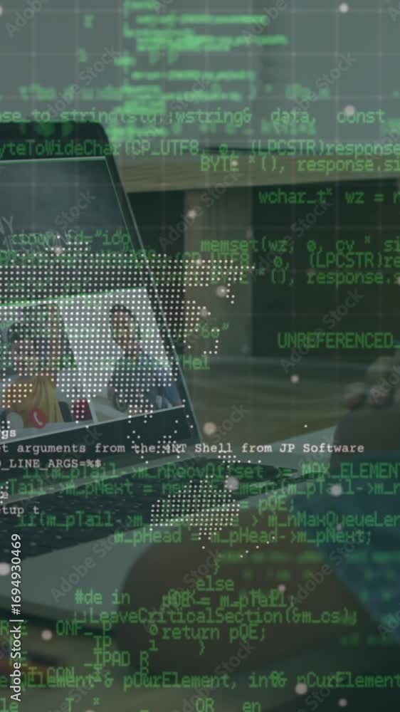Poster animation of data processing over cardboard boxes on conveyor belt in warehouse