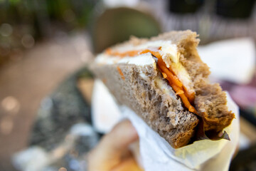 A person's hand holding a whole wheat sandwich