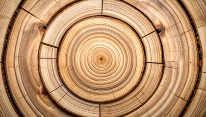 Fototapeta premium Monochrome flat lay of wood grain slices rearranged into surreal circular composition for branding visuals