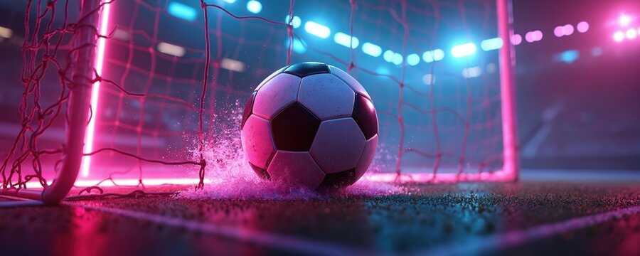 Soccer ball hitting net in cyberpunk stadium, neon lights glow. Dynamic motion capture of goal scored in futuristic arena. Vibrant pink, blue hues illuminate scene, creating electric atmosphere for - Powered by Adobe