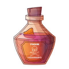 Vector illustration of glass bottle with cork and label. Pink liquid with poison mushrooms. Halloween potion, toxic drink, creepy spooky concept.