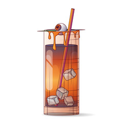 Vector illustration of glass with poison cocktail. Dripping liquid, eyeball on toothpick, straw. Halloween spooky drink, creepy party beverage. Halloween design, menu decoration.