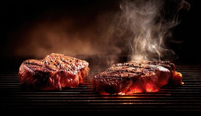 Two steaks sizzling on a grill