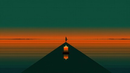 Single lit candle on a dark road at sunset with gradient sky