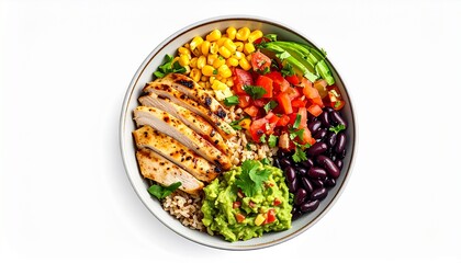 Healthy burrito bowl with grilled chicken, rice, beans, corn, avocado, and guacamole, isolated on a white background.