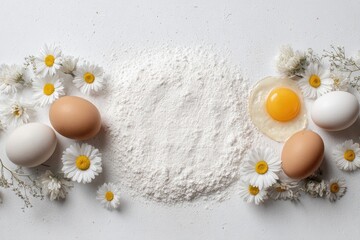 Flour, eggs, and flowers on a light background (1)