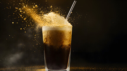 Iced coffee drink with gold powder explosion and straw on black
