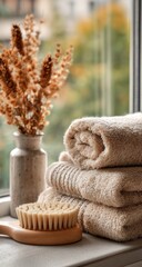 Stacked towels by window with dried flowers