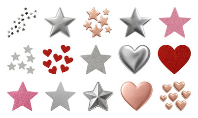 PNG Colorful metallic stars hearts, element set on transparent background