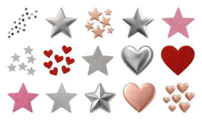 PNG Colorful metallic stars hearts, element set on transparent background