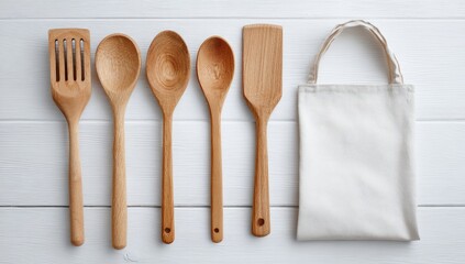 Wooden kitchen utensils and a canvas bag on a white surface