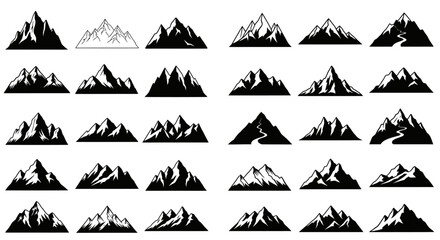 Collection of 24 Mountain Icons Black and White Peak Illustrations for Logos Websites and Prints
