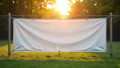 Blank white vinyl banner stretched on chain-link fence. Evening sunlight illuminates grassy field. Copy space for advertisement, promotion, event announcement. Horizontal layout. Smooth banner