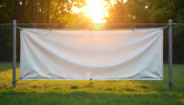 Blank white vinyl banner stretched on chain-link fence. Evening sunlight illuminates grassy field. Copy space for advertisement, promotion, event announcement. Horizontal layout. Smooth banner