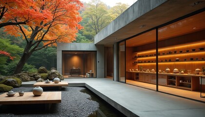 Modern Japanese tea room, fall foliage outside. Pottery shop interior features wood shelves with ceramics. Outdoor patio with low tables, rocks, small water feature. Zen garden atmosphere, autumn