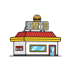A cheerful cartoon illustration of a classic diner, featuring a drive-thru and a burger atop its sign.