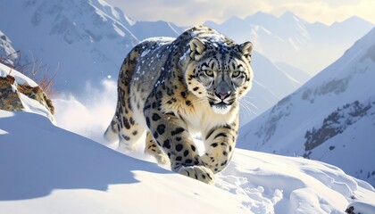 Fototapeta premium A majestic snow leopard gracefully strides across a snowy mountain peak, showcasing its striking spotted coat against a backdrop of towering, snow-capped mountains.