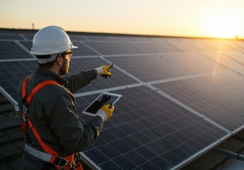 Technician Inspecting Solar Panels at Sunset