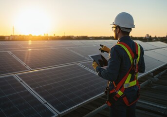Engineer inspecting solar panels at sunset